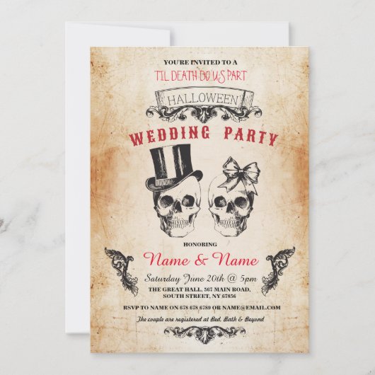 Skull Wedding Party Halloween Gothic Horror Invite Kaart (Voorkant)
