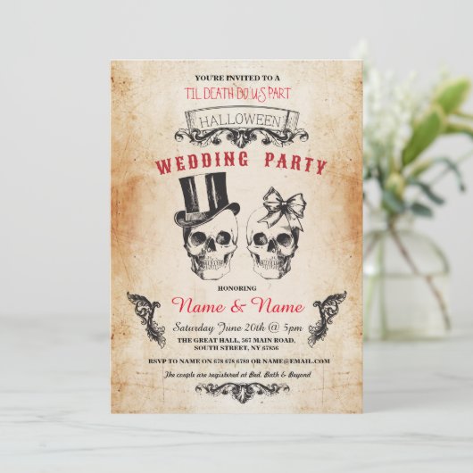 Skull Wedding Party Halloween Gothic Horror Invite Kaart (Staand voorkant)