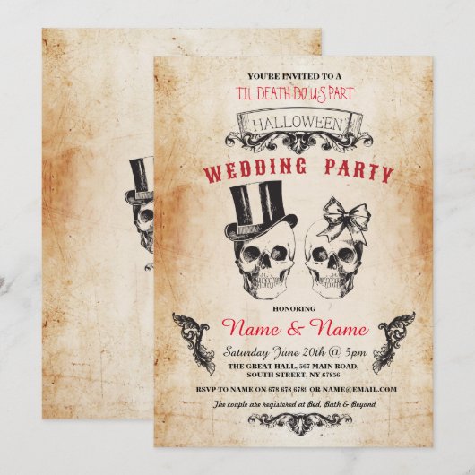 Skull Wedding Party Halloween Gothic Horror Invite Kaart (Voorkant / Achterkant)