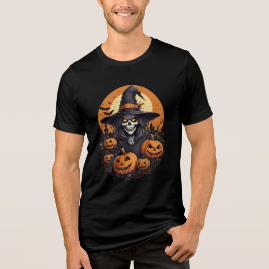 Skull Witch with Pumpkins Halloween Art Tri-Blend Shirt (Voorkant)