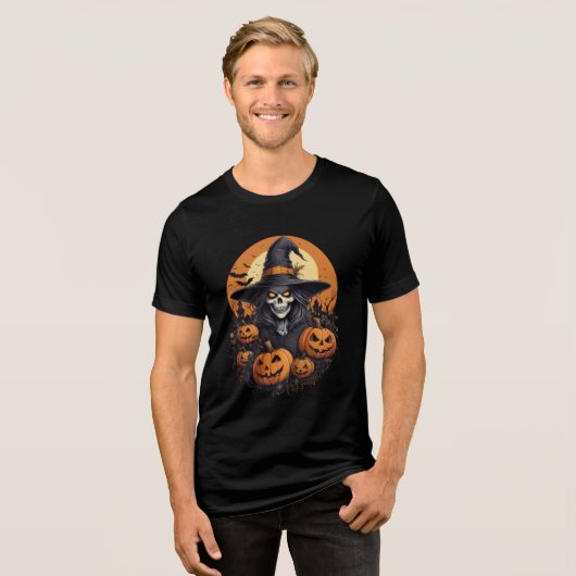 Skull Witch with Pumpkins Halloween Art Tri-Blend Shirt (Voorkant volledig)