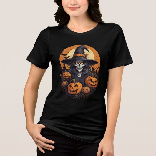 Skull Witch with Pumpkins Halloween Art Tri-Blend Shirt (Voorkant)
