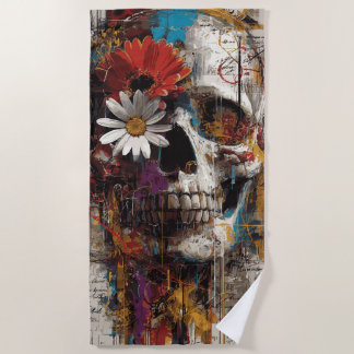 Skull with Flowers Street Art Floral Grunge Design Strandlaken