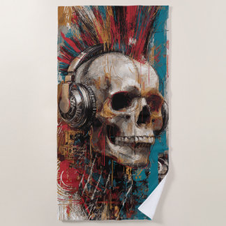 Skull with Headphones Punk Graffiti Art Design Strandlaken