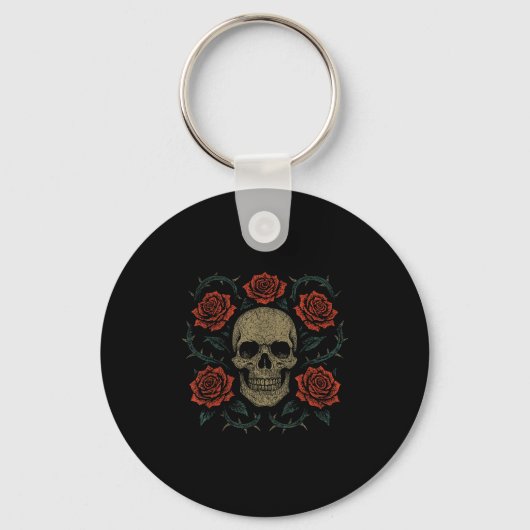 Skull With Roses Gothic Floral Dark Aesthetic Appa Sleutelhanger (Voorkant)