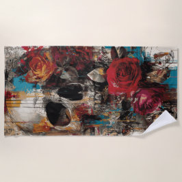 Skull with Roses Street Art Floral Grunge Design Strandlaken