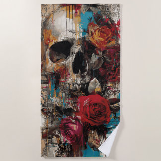 Skull with Roses Street Art Floral Grunge Design Strandlaken