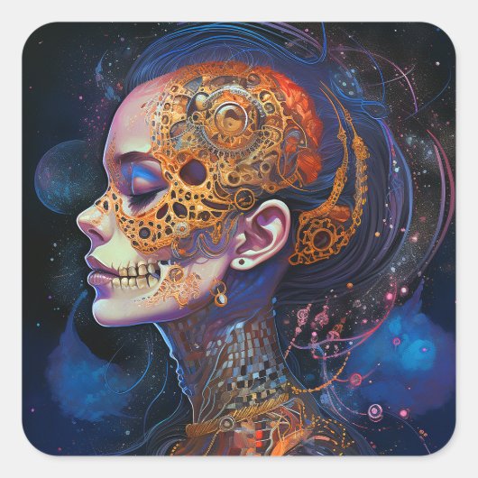 Skull Woman Surreal Art Vierkante Sticker (Voorkant)