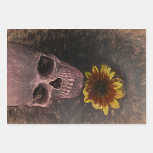 Skull Yellow Sunflower Gothic  Sepia Sketch Inpakpapier Vel (Voorkant)