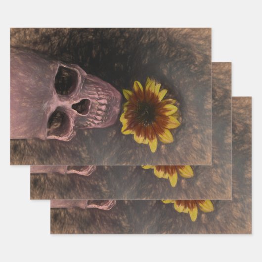 Skull Yellow Sunflower Gothic  Sepia Sketch Inpakpapier Vel (Set)