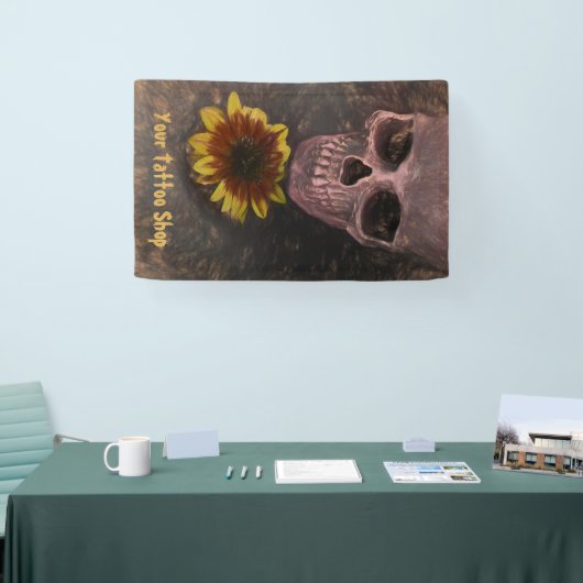 Skull Yellow Sunflower Gothic  Sepia Sketch Spandoek (Beurs)