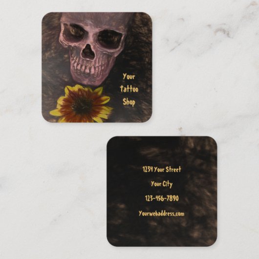 Skull Yellow Sunflower Gothic  Sepia Sketch Vierkante Visitekaartje (Voorkant / Achterkant)