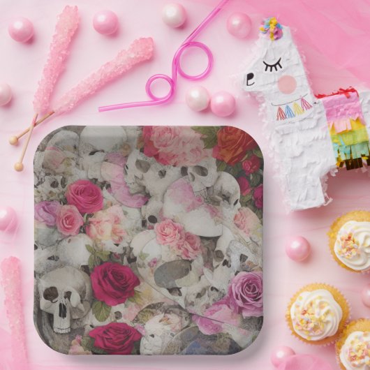 Skullen en Rozen Papieren Bordje (Feest)