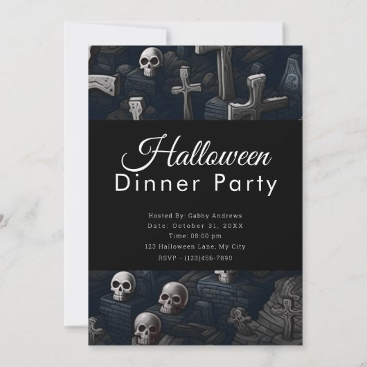 Skulls and Crosses Cemetery Halloween Diner Party Kaart (Voorkant)