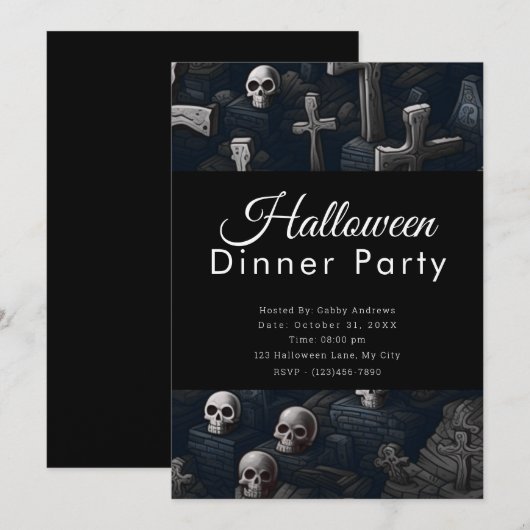 Skulls and Crosses Cemetery Halloween Diner Party Kaart (Voorkant / Achterkant)
