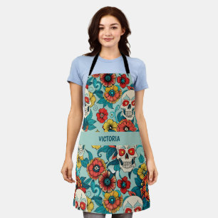 Skulls and Flowers Waterverf Custom Pattern Schort