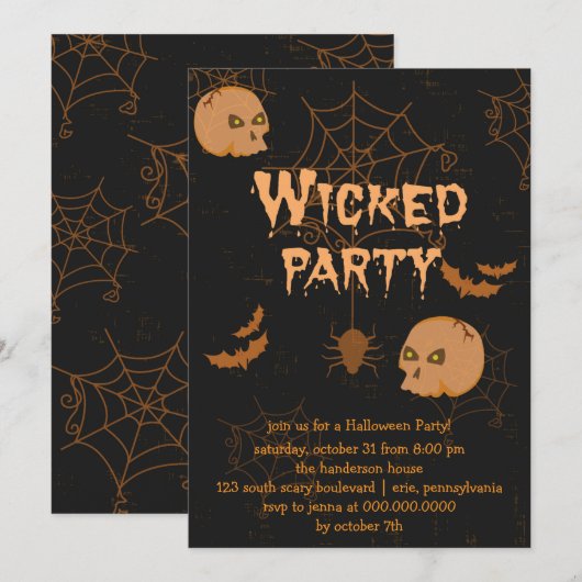Skulls Bats and Spiders Halloween Party Invitation Kaart (Voorkant / Achterkant)