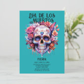 Skulls Bloemen Turquoise Dia de los Muertos Party Kaart (Staand voorkant)