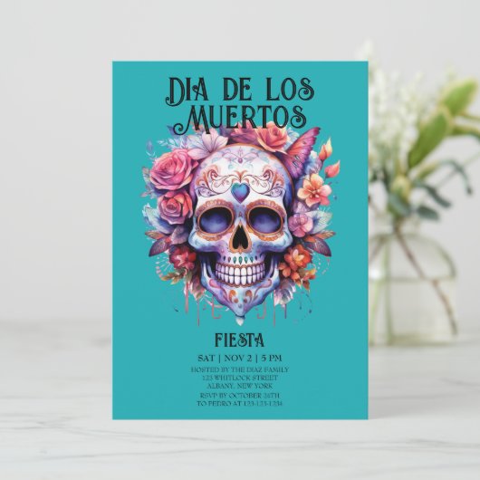 Skulls Bloemen Turquoise Dia de los Muertos Party Kaart (Staand voorkant)