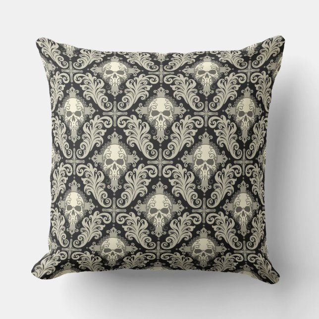 Skulls & Crosses Black en Cream Damask Pattern Buitenkussen (Voorkant)
