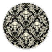 Skulls & Crosses Black en Cream Damask Pattern Keramische Knop (Voorkant)
