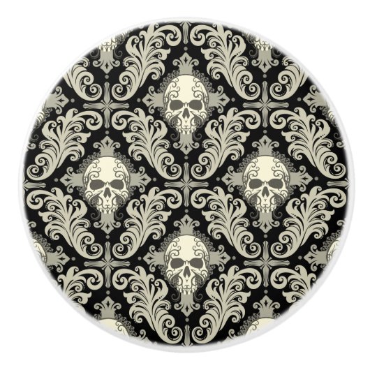 Skulls & Crosses Black en Cream Damask Pattern Keramische Knop (Voorkant)