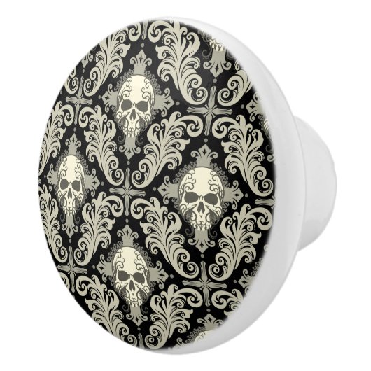 Skulls & Crosses Black en Cream Damask Pattern Keramische Knop (Rechts)