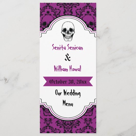 Skulls damask black, paarse trouwmenukaart menu (Voorkant)