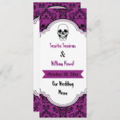 Skulls damask black, paarse trouwmenukaart menu (Voorkant / Achterkant)