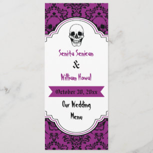 Skulls damask black, paarse trouwmenukaart menu