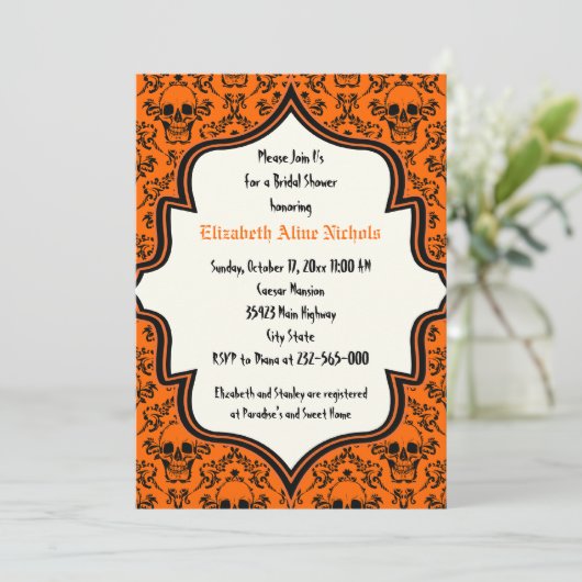 Skulls damask Halloween bruiloft vrijgezellenfeest Kaart (Staand voorkant)