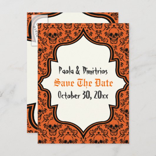 Skulls damask oranje zwarte Halloween Save the Dat Aankondigingskaart (Voorkant / Achterkant)