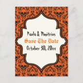 Skulls damask oranje zwarte Halloween Save the Dat Aankondigingskaart (Voorkant)
