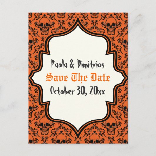 Skulls damask oranje zwarte Halloween Save the Dat Aankondigingskaart (Voorkant)