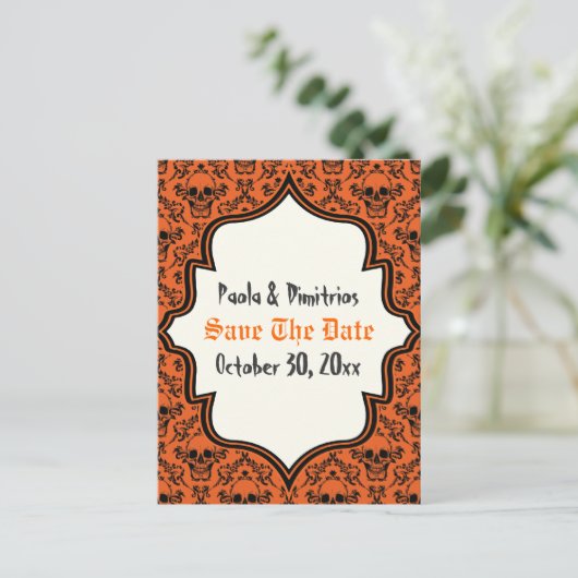 Skulls damask oranje zwarte Halloween Save the Dat Aankondigingskaart (Staand voorkant)