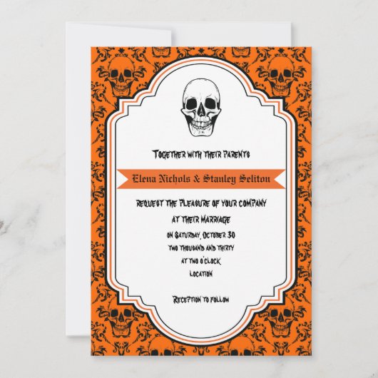 Skulls damask sinaasappel, Black Halloween bruilof Kaart (Voorkant)
