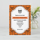 Skulls damask sinaasappel, Black Halloween bruilof Kaart (Staand voorkant)