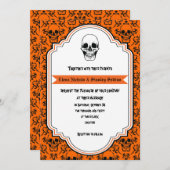 Skulls damask sinaasappel, Black Halloween bruilof Kaart (Voorkant / Achterkant)