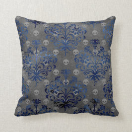 Skulls en Blue Damask op Grey Kussen