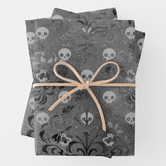 Skulls en Charcoal Damask op Grey Inpakpapier Vel (In situ)