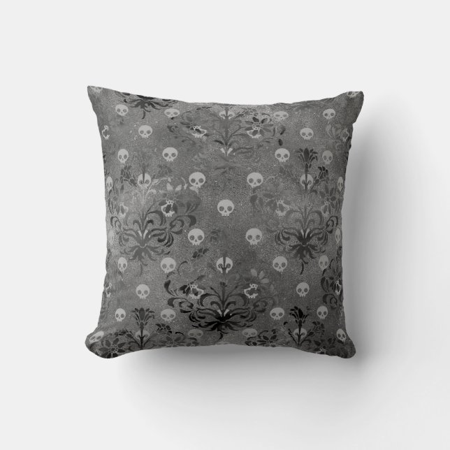 Skulls en Charcoal Damask op Grey Kussen (Voorkant)