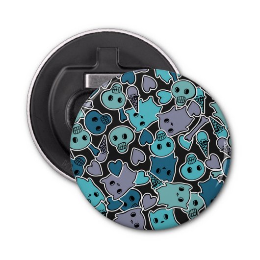 Skulls en harten op zwarte achtergrond 2 button flesopener (Voorkant)