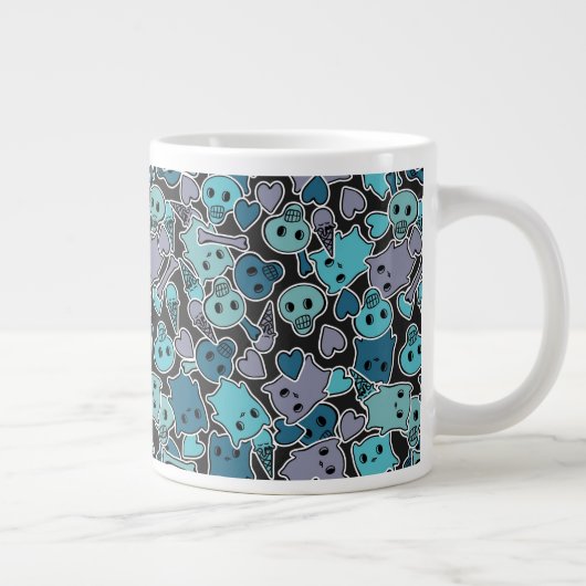 Skulls en harten op zwarte achtergrond 2 grote koffiekop (Rechts)