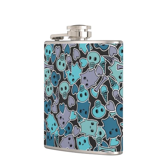 Skulls en harten op zwarte achtergrond 2 heupfles (Links)