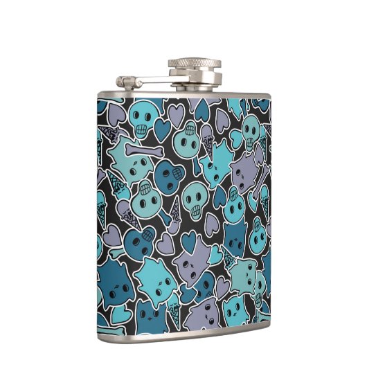 Skulls en harten op zwarte achtergrond 2 heupfles (Rechts)