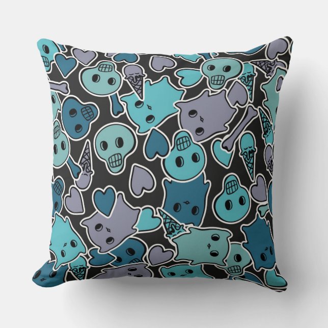 Skulls en harten op zwarte achtergrond 2 kussen (Voorkant)