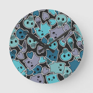 Skulls en harten op zwarte achtergrond 2 ronde klok