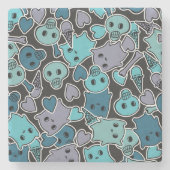 Skulls en harten op zwarte achtergrond 2 stenen onderzetter (Voorkant)