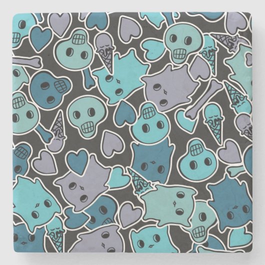 Skulls en harten op zwarte achtergrond 2 stenen onderzetter (Voorkant)