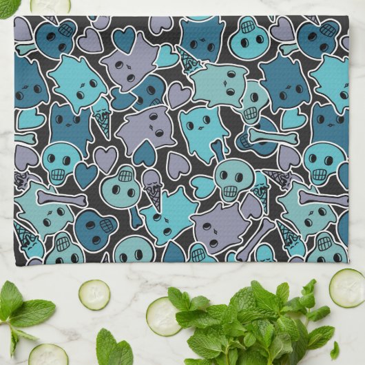 Skulls en harten op zwarte achtergrond 2 theedoek (Gevouwen)